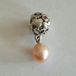 Auth Pandora Pink pearl dangle charm with pink CZ